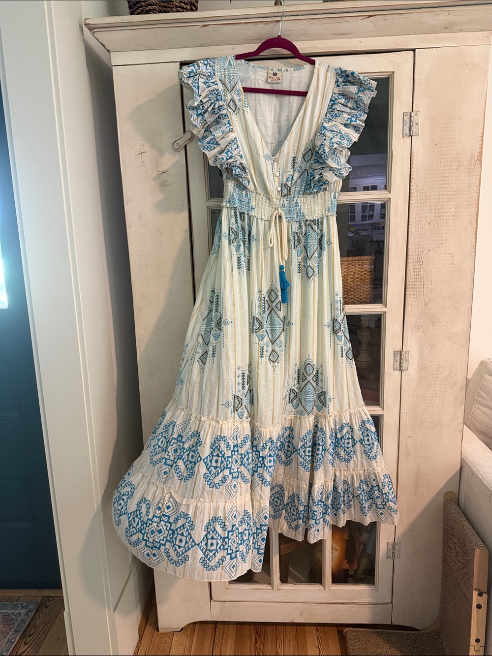Palak Boho Maxi Dress, Bohemian Blue and Cream Maxi Dress  Size Large
